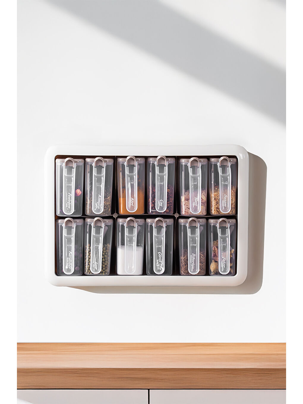 Kendinden Yapışkanlı Tezgah Üstü Standlı Döner Kapaklı ve Cappuccino Beyaz Random Baharatlık Seti-3