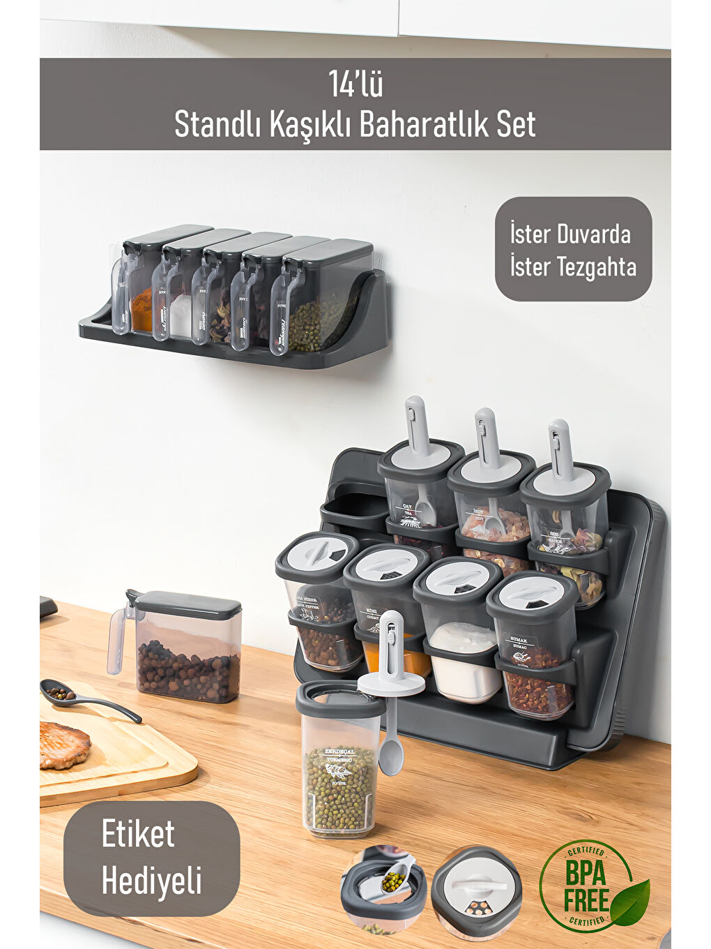 Antrasit 8li-6lı Etiketli Kendinden Yapışkanlı Tezgah Üstü Kaşıklı Standlı Döner Kapaklı Baharatlık Seti
