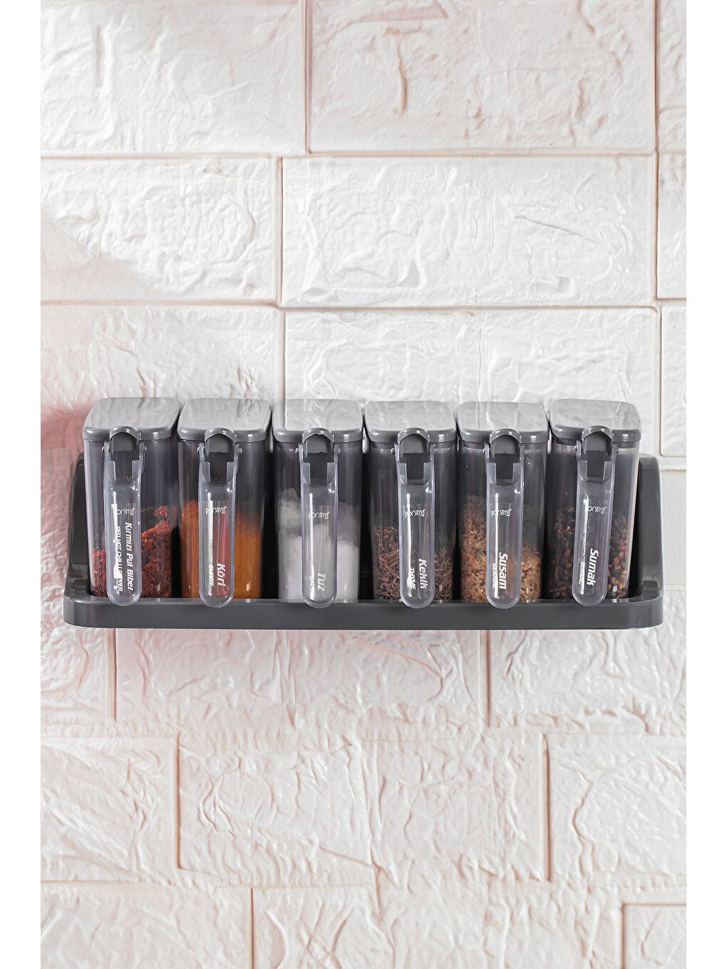 Antrasit 8li-6lı Etiketli Kendinden Yapışkanlı Tezgah Üstü Kaşıklı Standlı Döner Kapaklı Baharatlık Seti-2