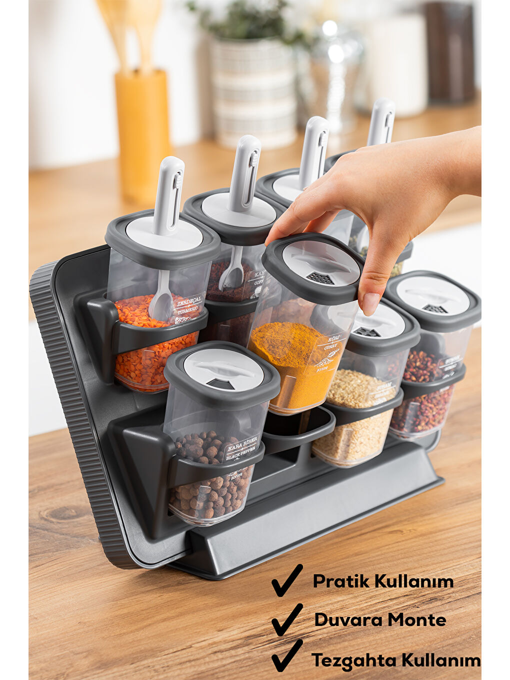 Antrasit 8li-6lı Etiketli Kendinden Yapışkanlı Tezgah Üstü Kaşıklı Standlı Döner Kapaklı Baharatlık Seti-3