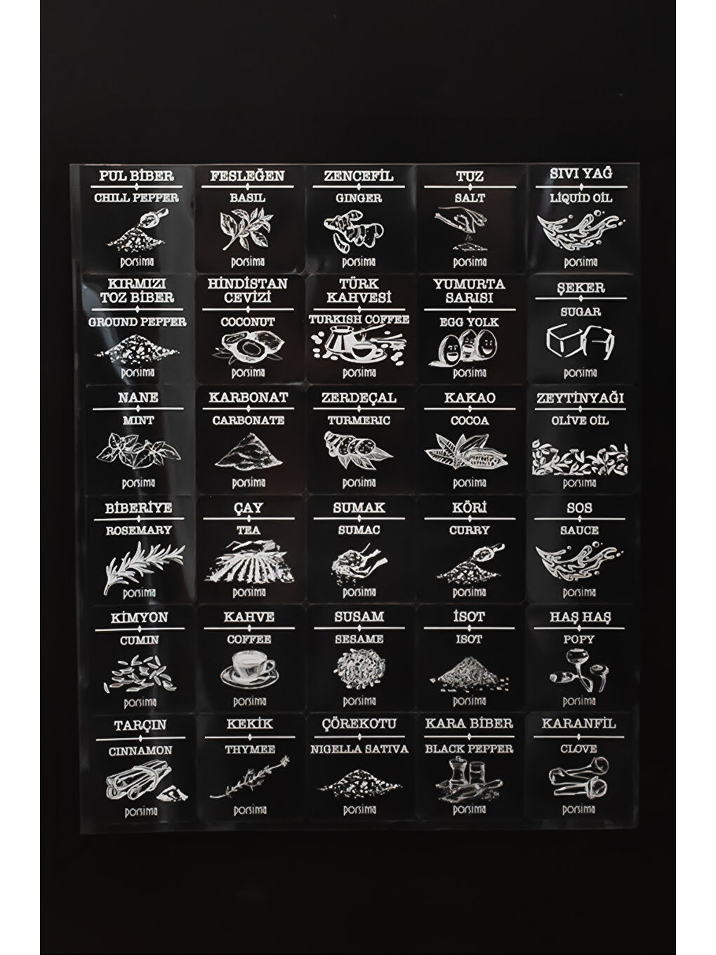 Antrasit 8li-6lı Etiketli Kendinden Yapışkanlı Tezgah Üstü Kaşıklı Standlı Döner Kapaklı Baharatlık Seti-5