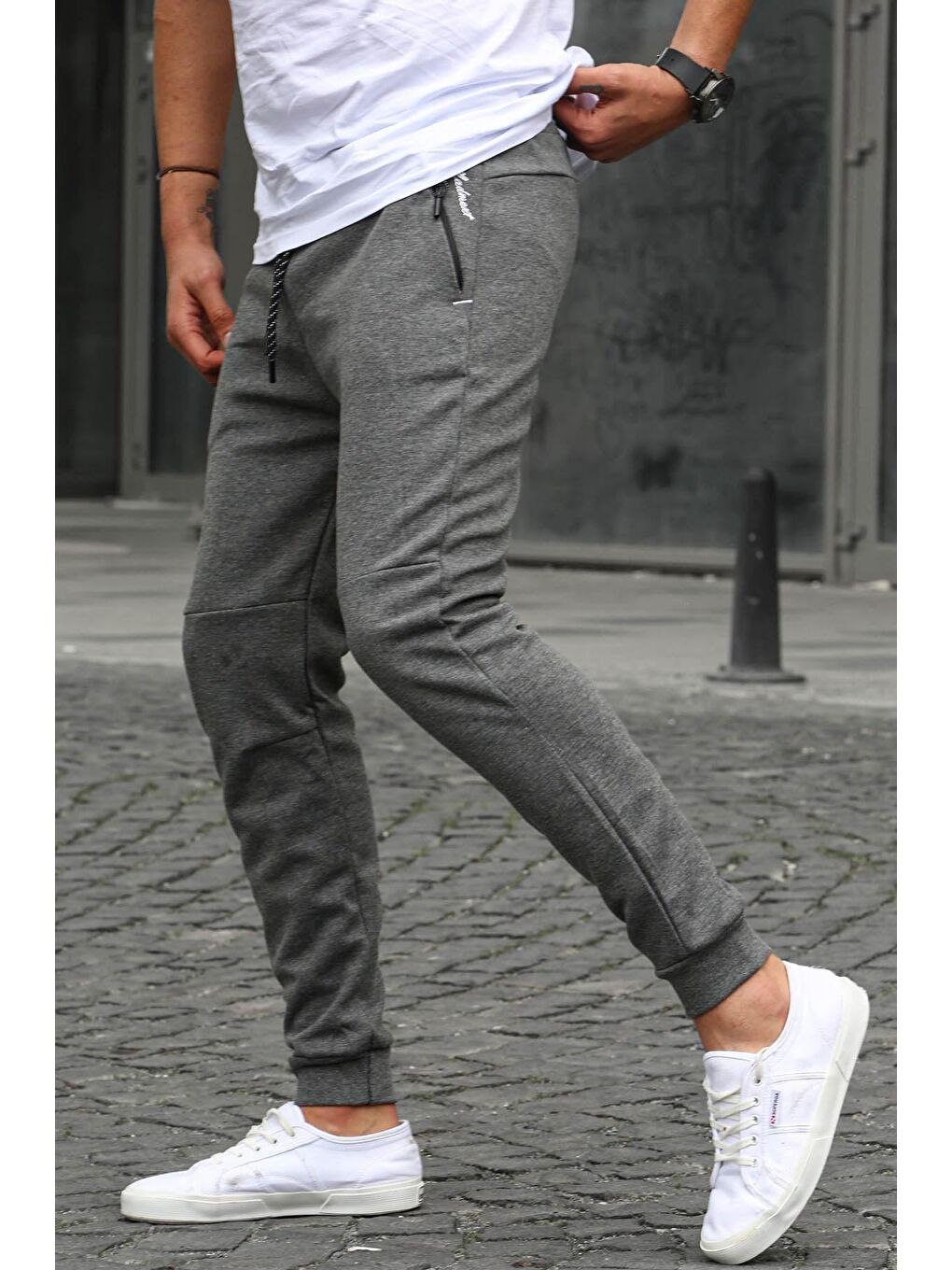 Gri Manşetli Düz Füme Jogger Eşofman Altı 2080