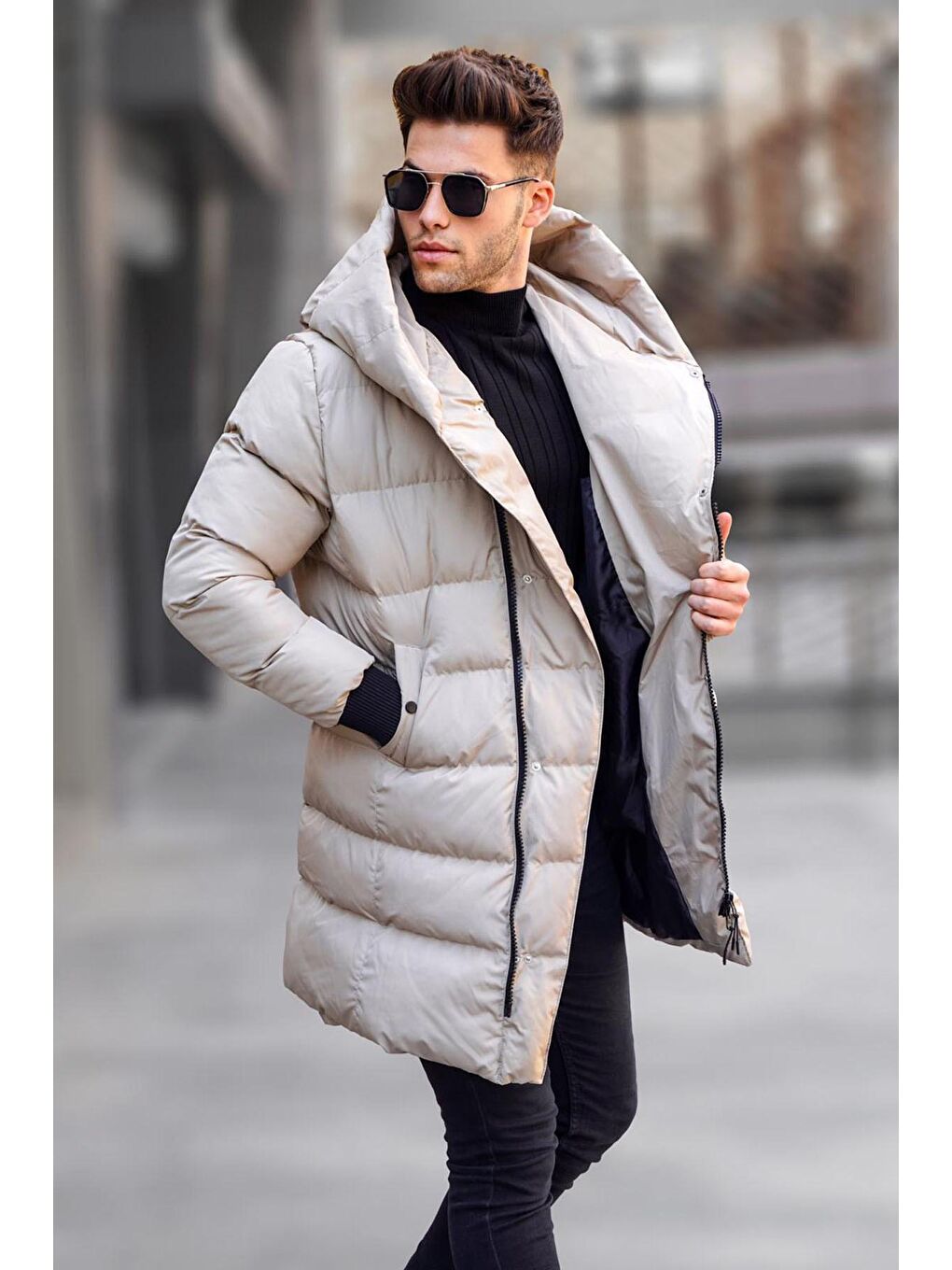 Bej Uzun Yandan Fermuarlı Şişme Mont 5743