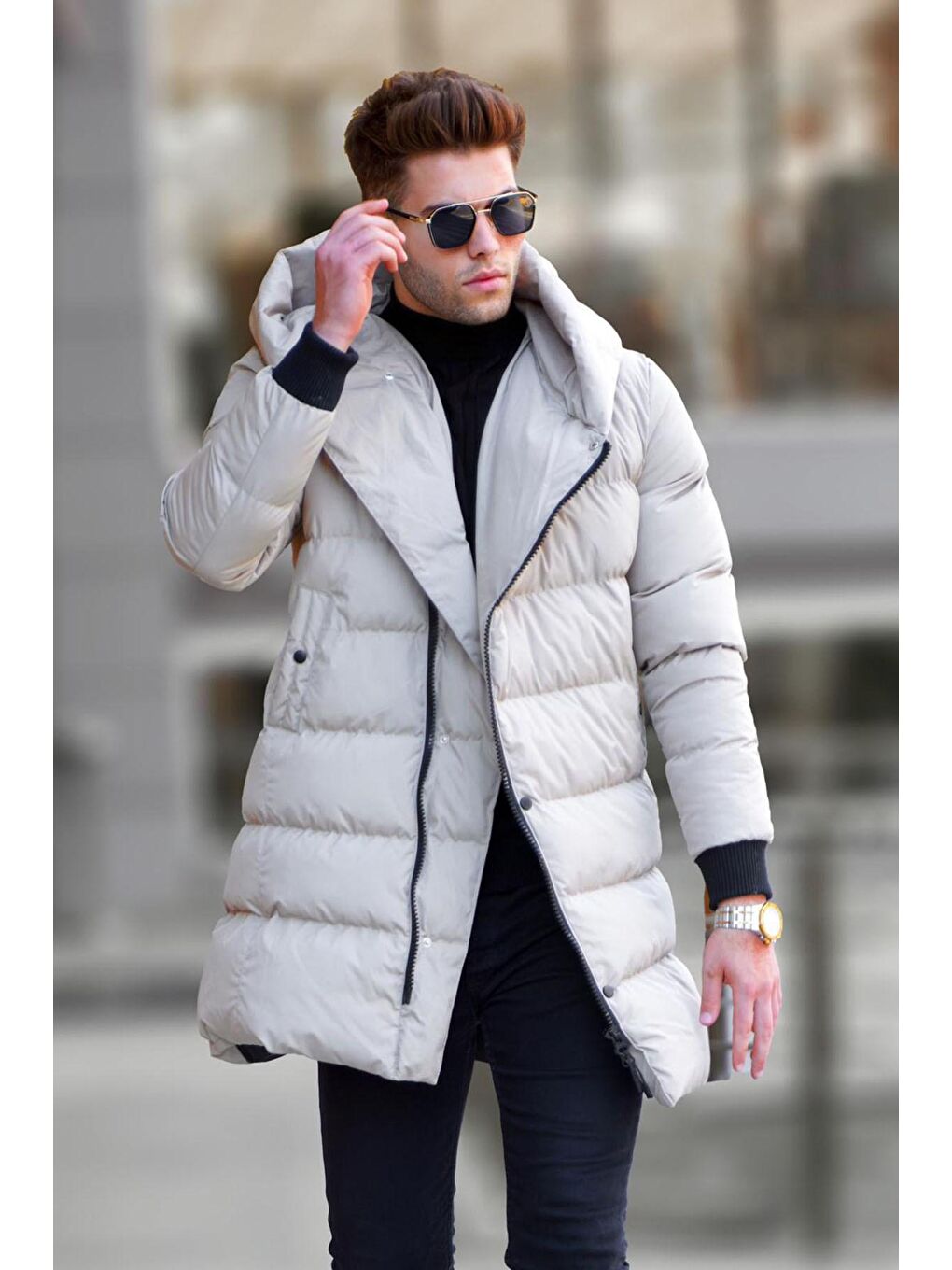 Bej Uzun Yandan Fermuarlı Şişme Mont 5743-1