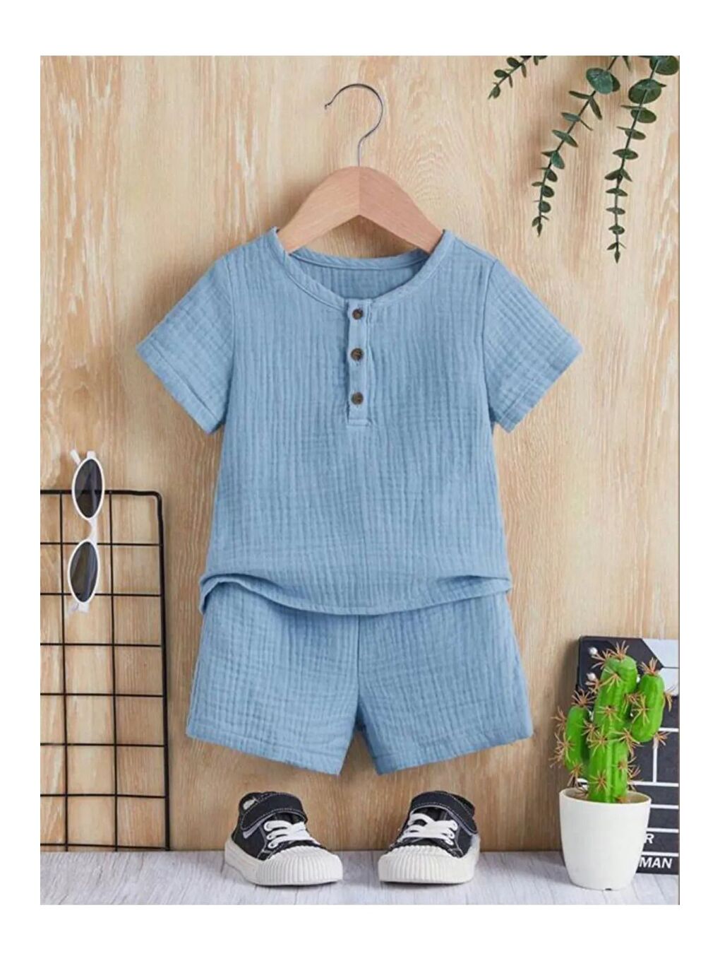 Mavi Unisex Alt Üst Bebek Çocuk Pamuklu Düğmeli Organik Müslin Takım