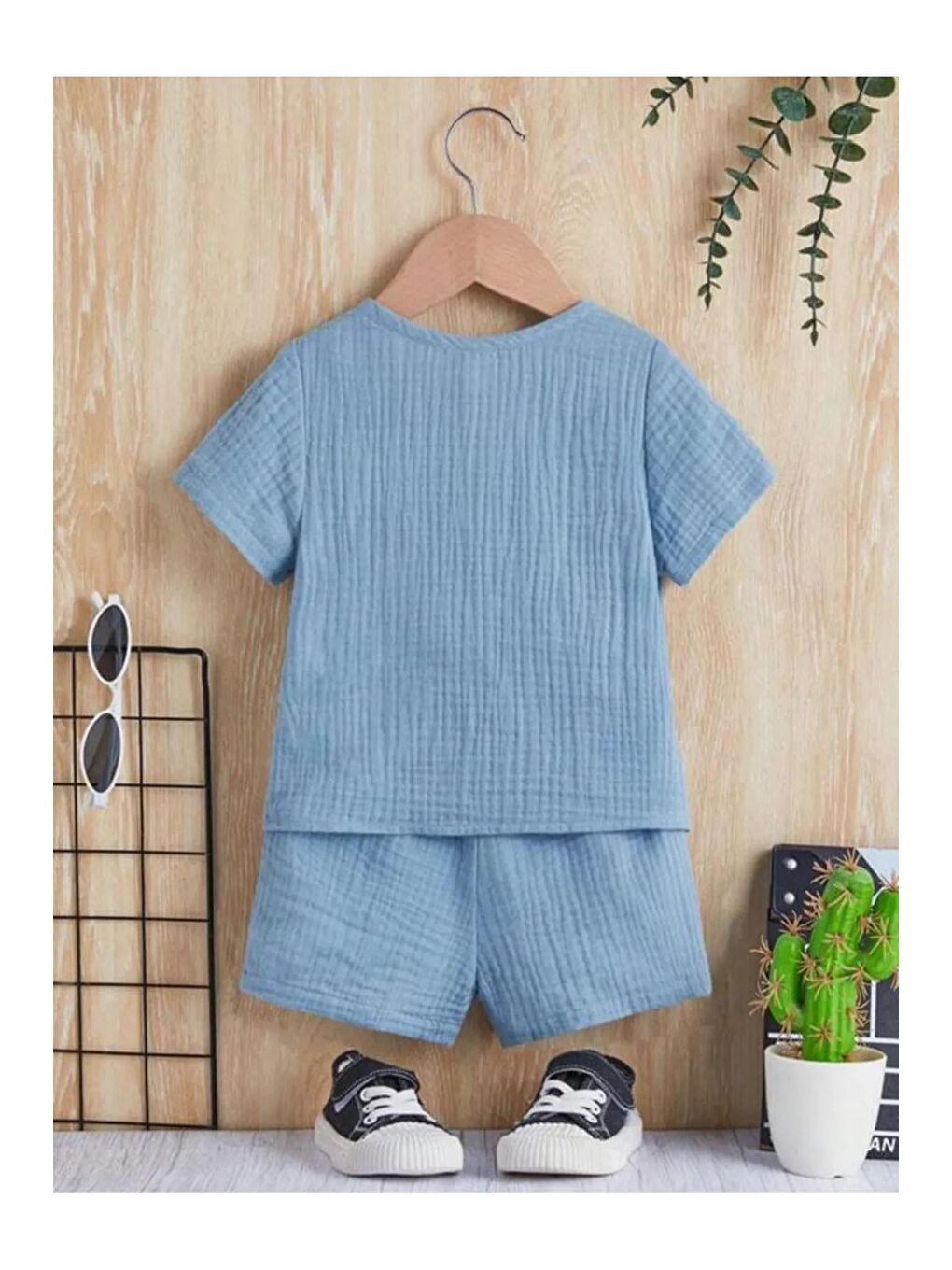 Mavi Unisex Alt Üst Bebek Çocuk Pamuklu Düğmeli Organik Müslin Takım-1