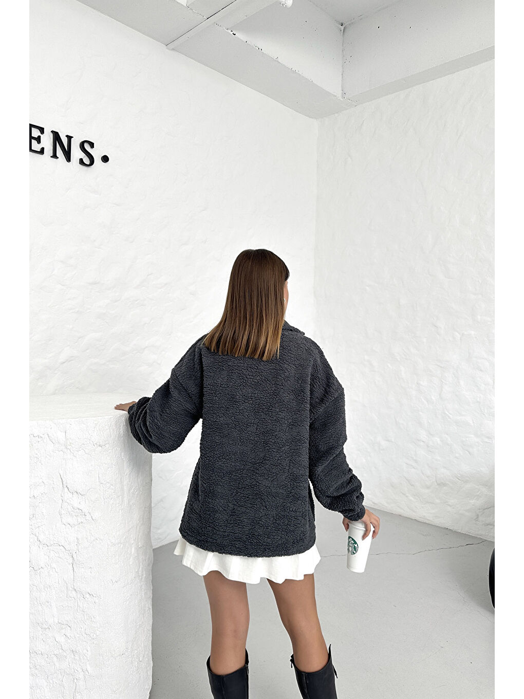 Trendseninle Füme Kadın Füme Fulfilling Life Baskılı Oversize Yarım Fermuarlı Yumuşak Dokulu Pelüş Sweatshirt - 2