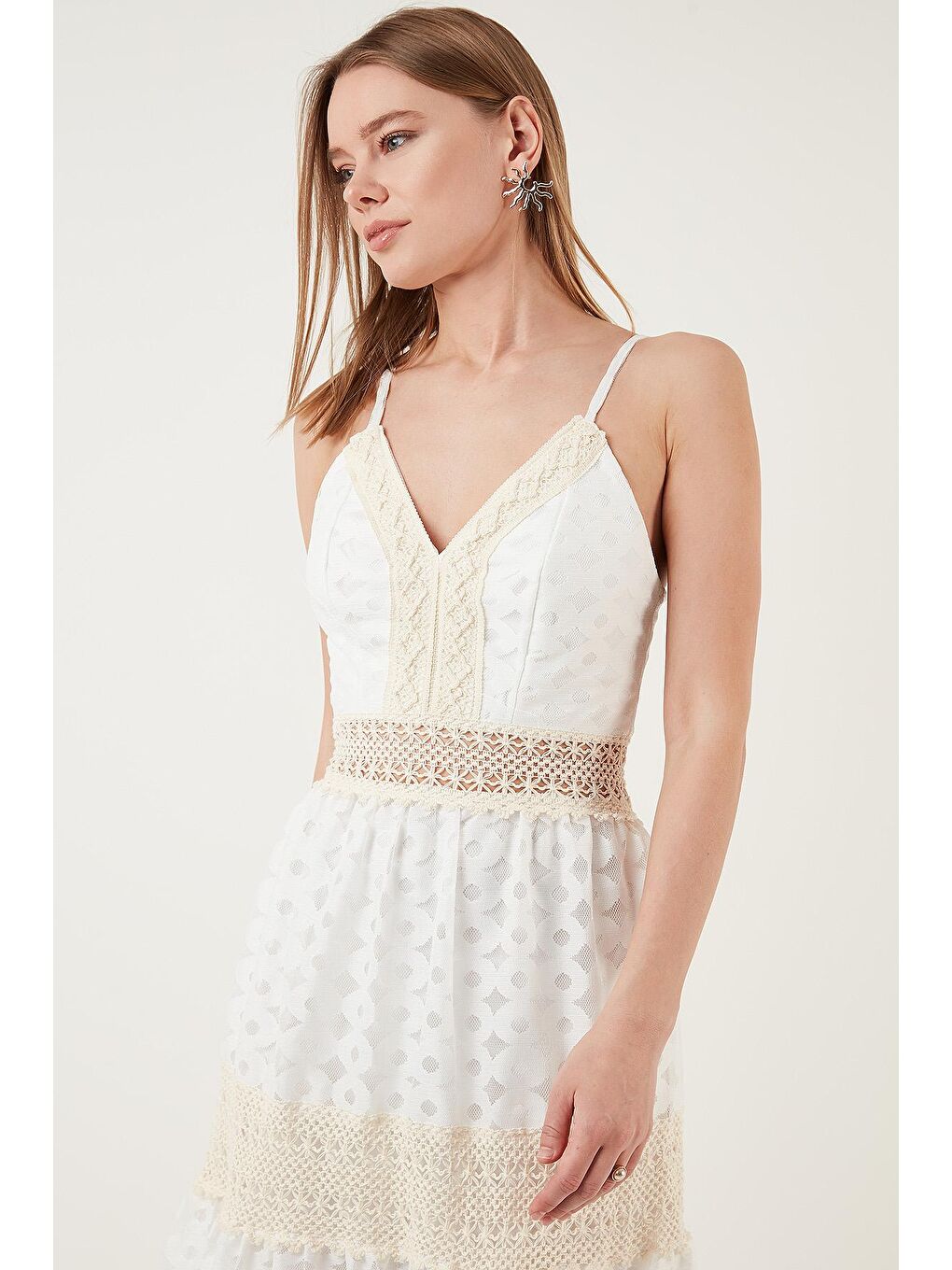 Ekru Pamuklu Güpürlü İp Askılı Astarlı Anvelop Uzun Elbise 6532196-2