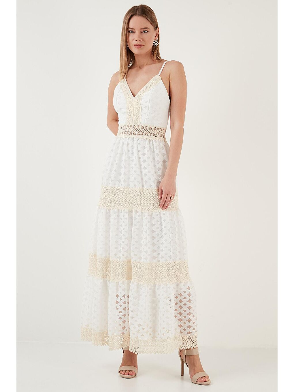 Ekru Pamuklu Güpürlü İp Askılı Astarlı Anvelop Uzun Elbise 6532196-3