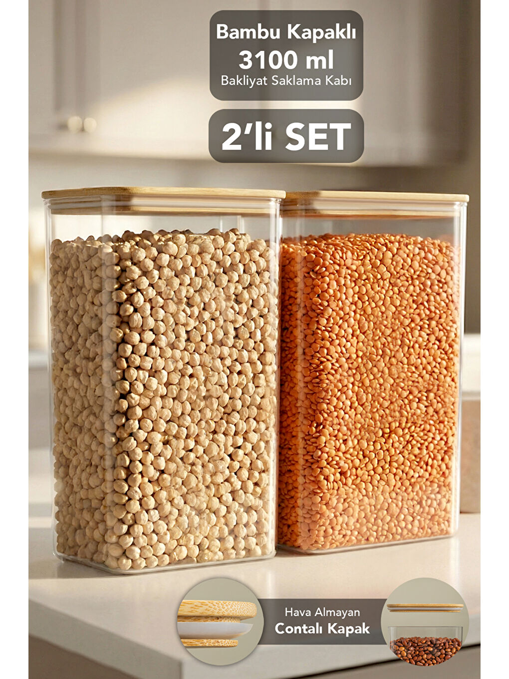 Bej 2'li Bambu Kapak Aura Kapaklı Dikdörtgen Saklama Kabı 3100 ml