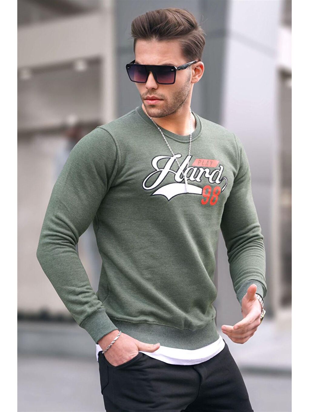 Madmext Haki Baskılı Haki Sweatshirt 4375