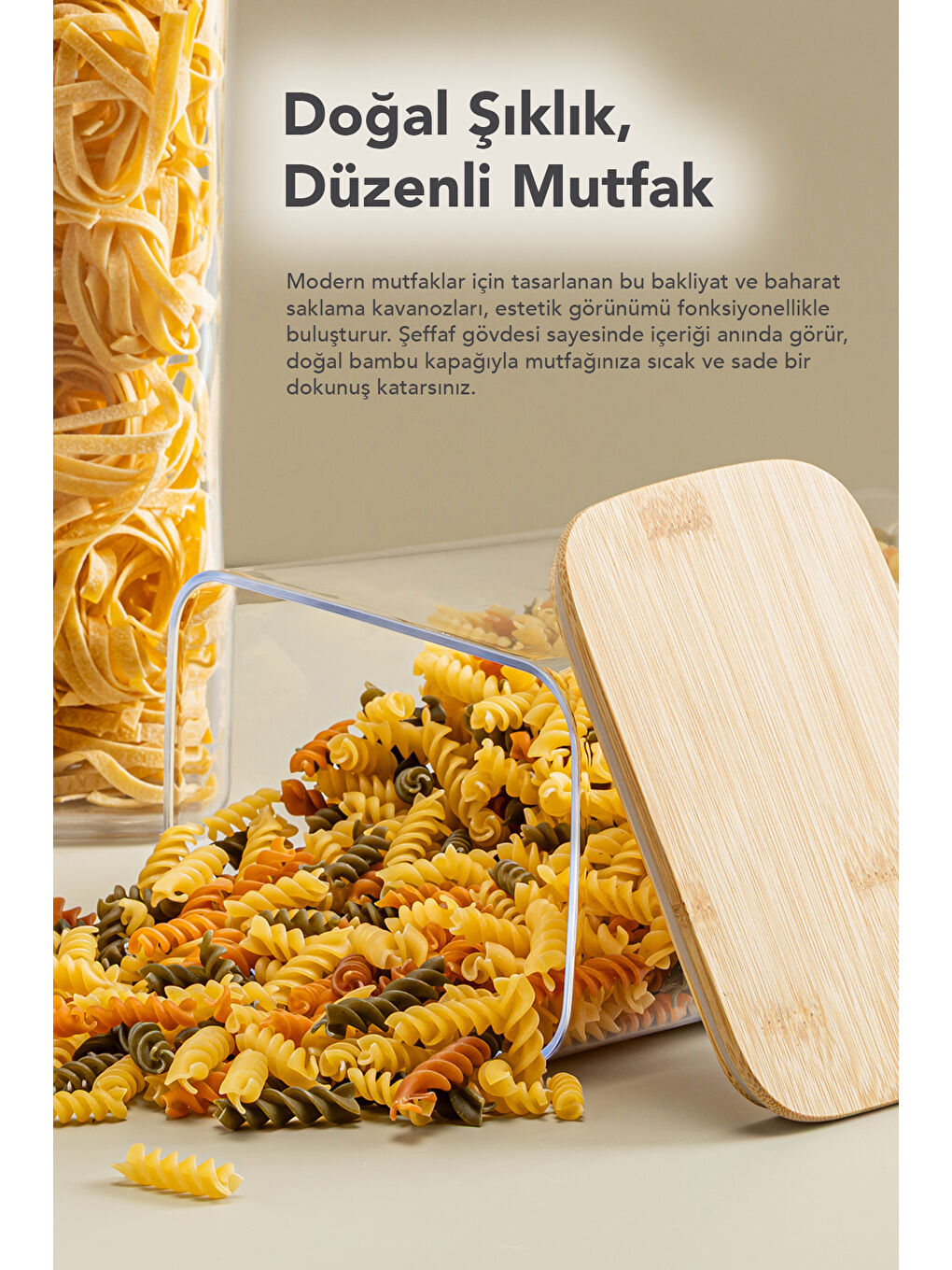 Bej 12'li Bambu Kapak Aura Dikdörtgen Erzak Saklama Kabı 1,5 l-2