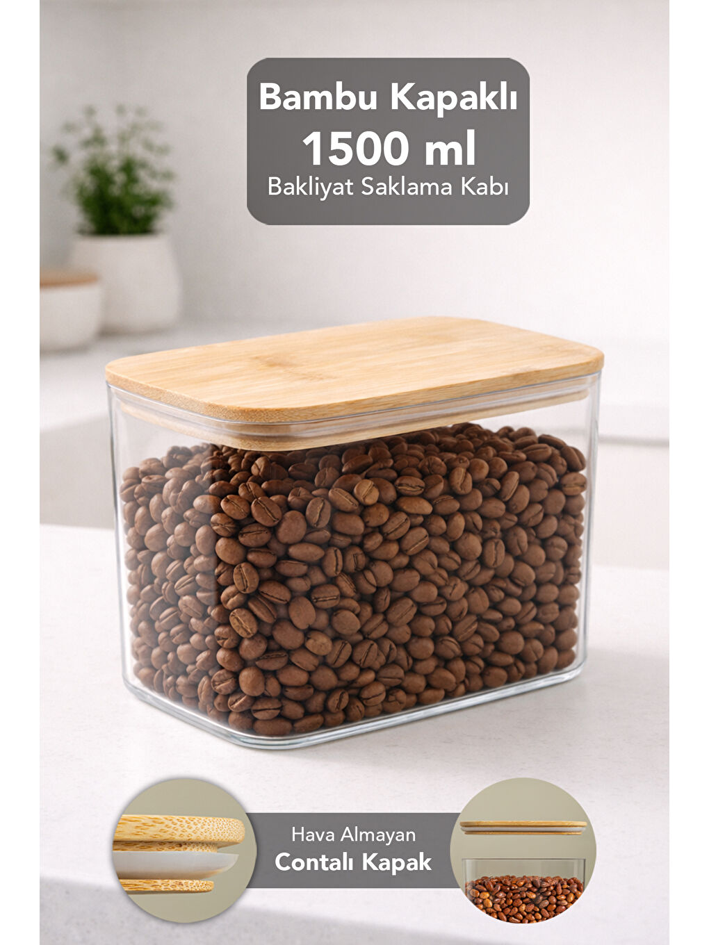 Bej Bambu Kapak Aura Dikdörtgen Erzak Saklama Kabı 1,5 l