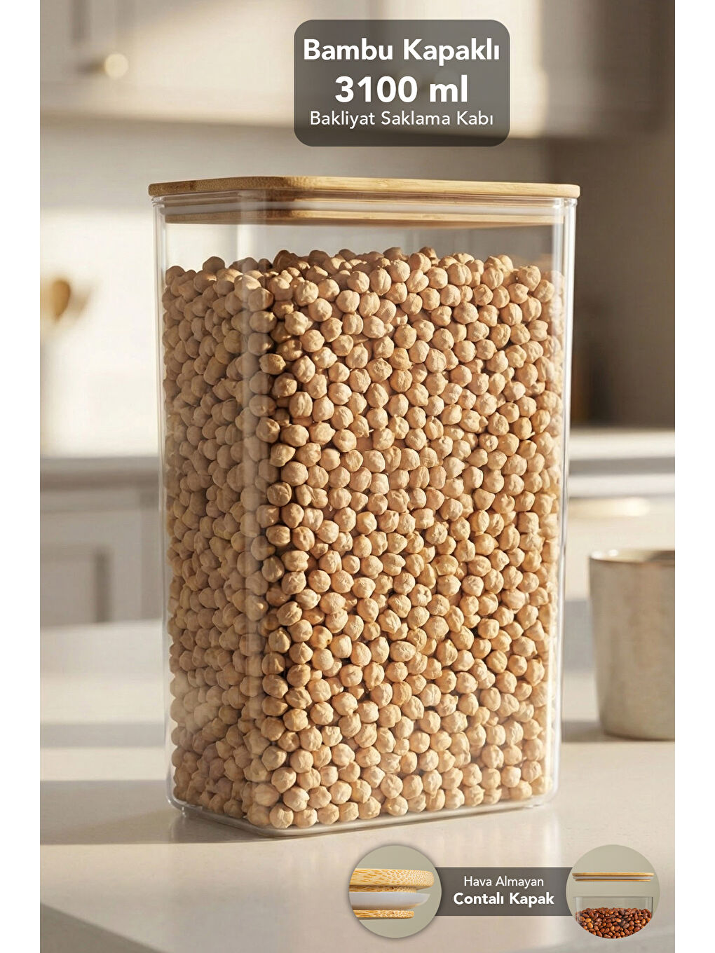 Bej Bambu Kapak Aura Kapaklı Dikdörtgen Saklama Kabı 3100 ml