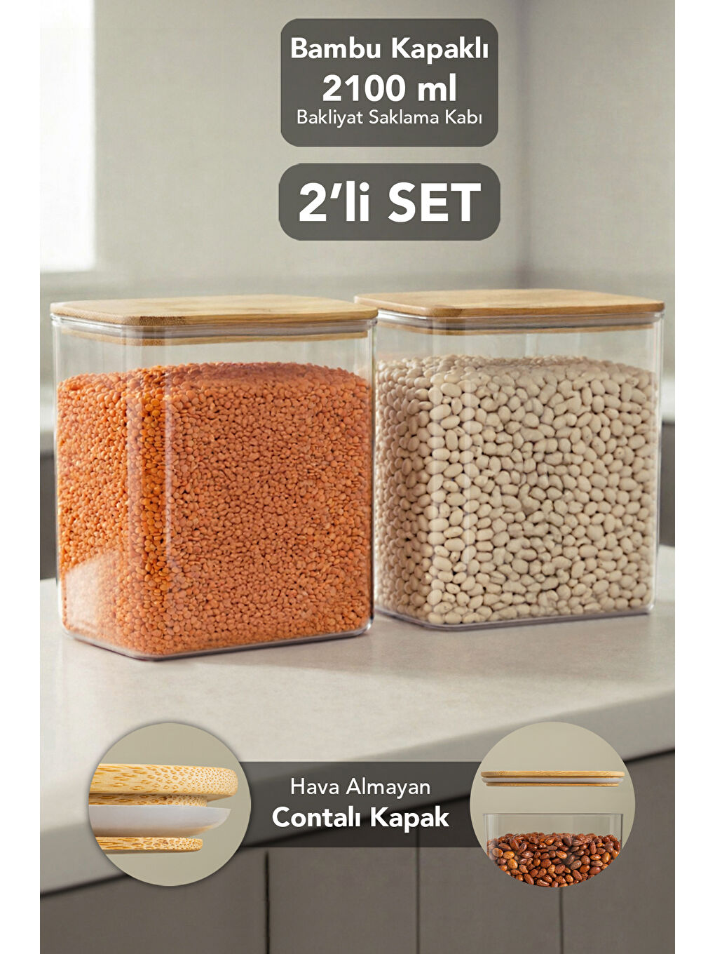 Bej 2'li Bambu Kapak Aura Kapaklı Dikdörtgen Erzak Saklama Kabı 2100 ml
