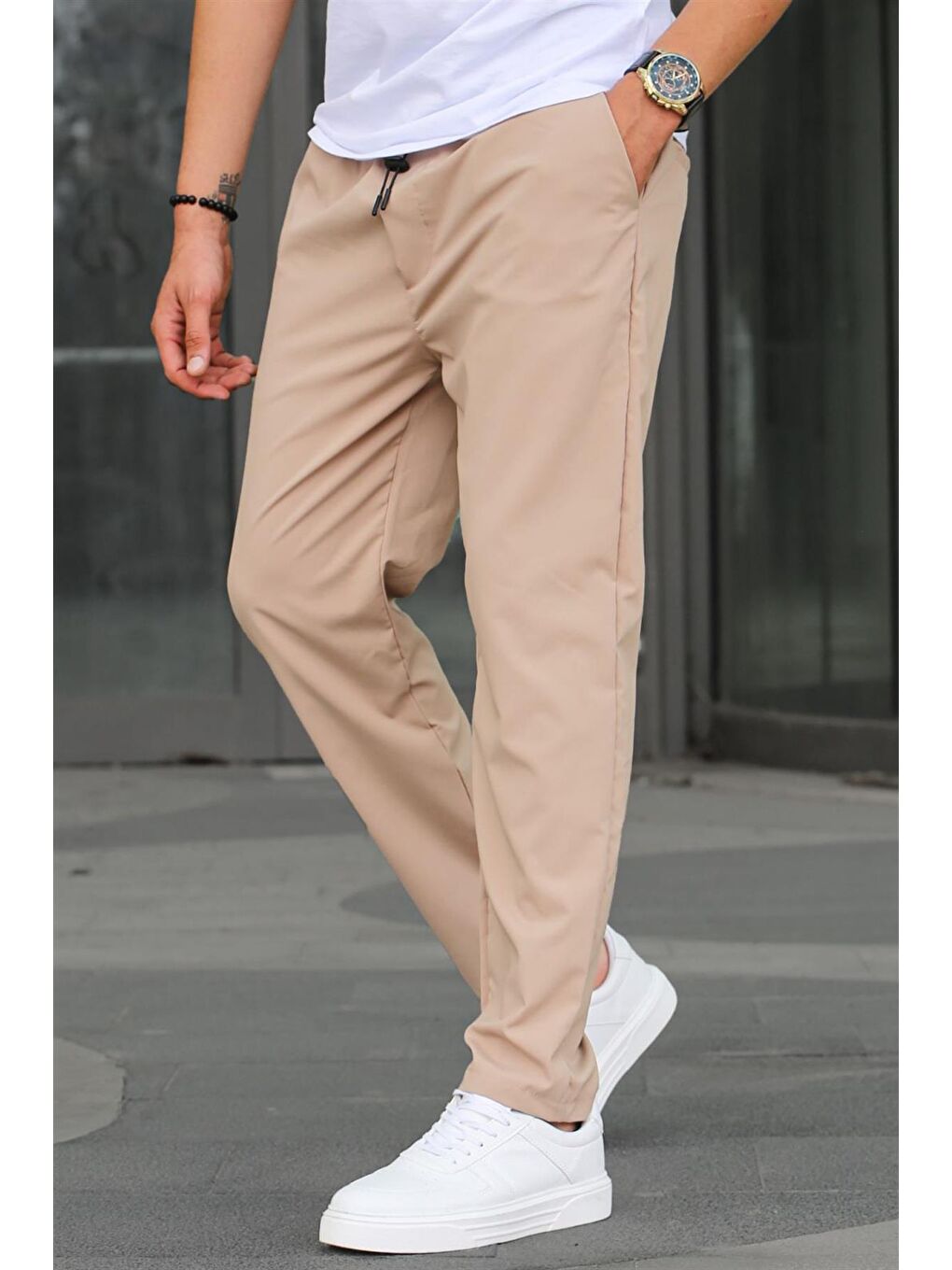 Bej Waffle Kumaş Siyah Basic  Erkek Pantolon 6513-1