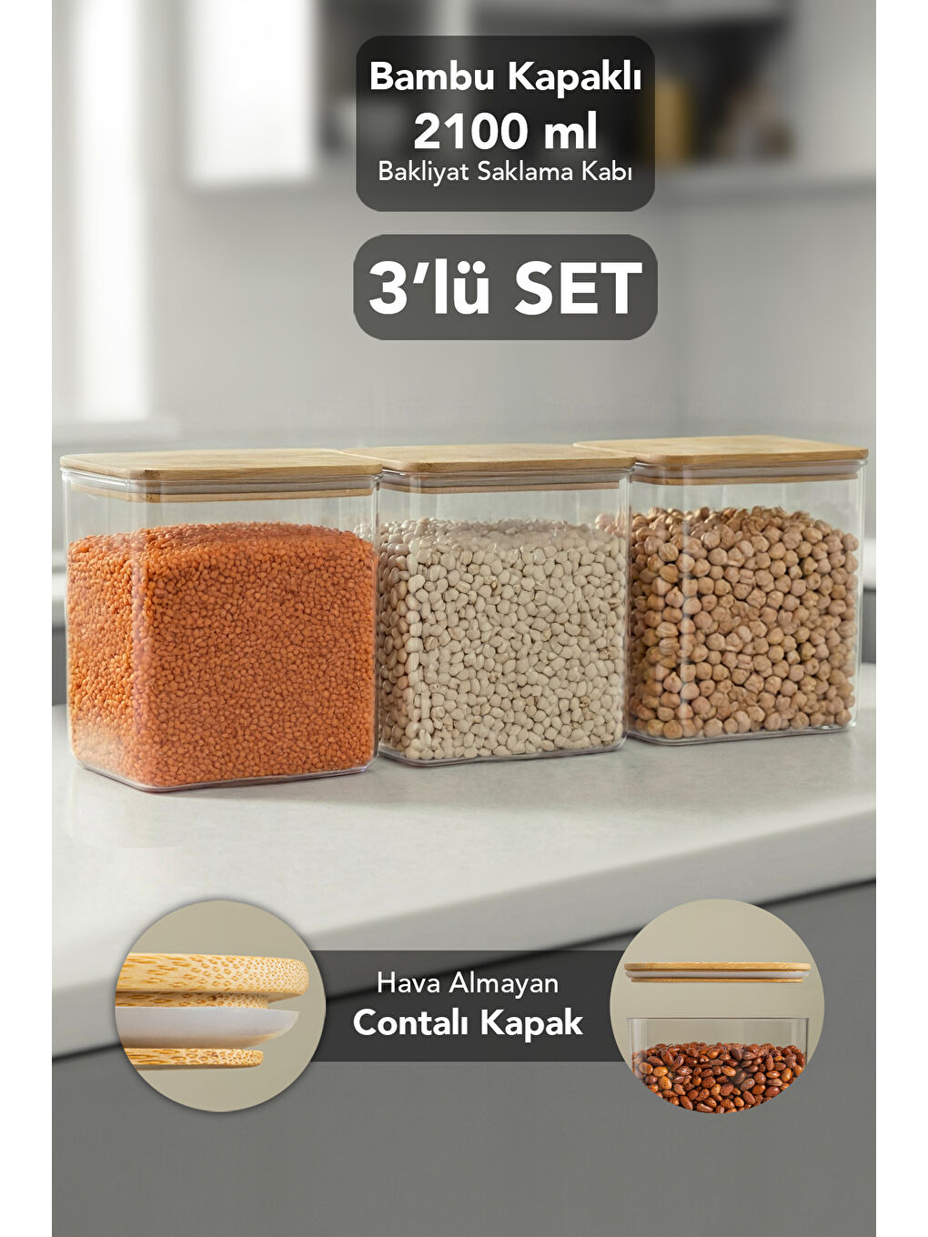 Bej 3'lü Bambu Kapak Aura Kapaklı Dikdörtgen Erzak Saklama Kabı 2100 ml