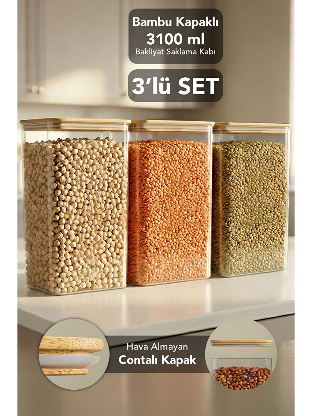 Bej 3'lü Bambu Kapak Aura Kapaklı Dikdörtgen Saklama Kabı 3100 ml