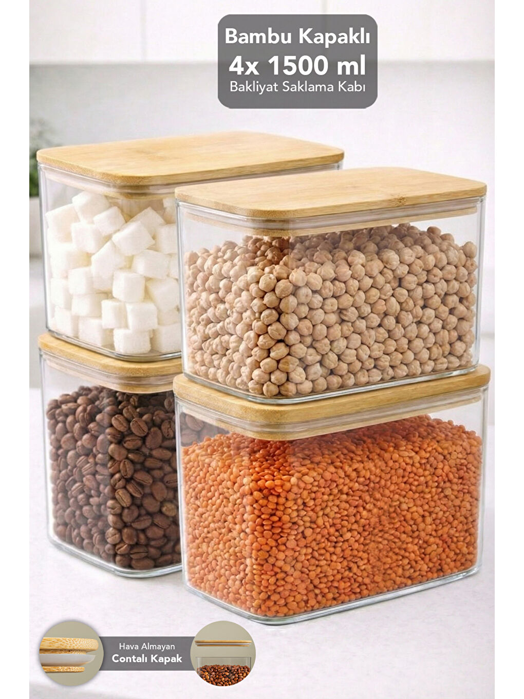 Bej 4'lü Bambu Kapak Aura Dikdörtgen Erzak Saklama Kabı 1,5 l