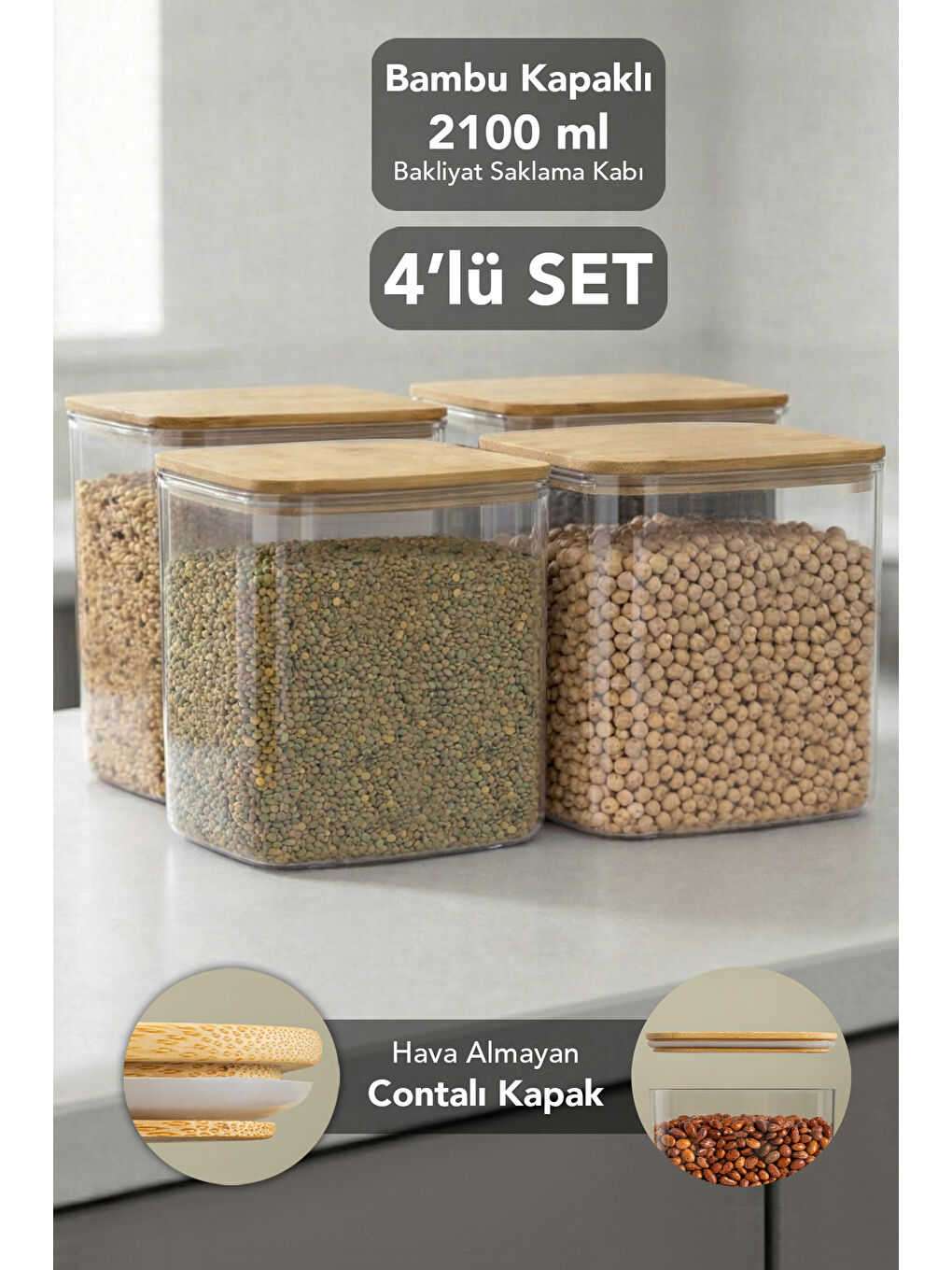 Bej 4'lü Bambu Kapak Aura Kapaklı Dikdörtgen Erzak Saklama Kabı 2100 ml