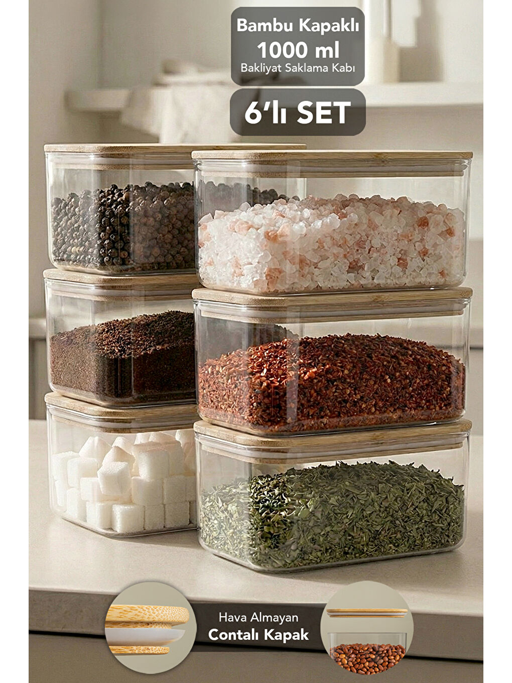 Bej 6'lı Bambu Kapak Aura Dikdörtgen Erzak Saklama Kabı 1 l