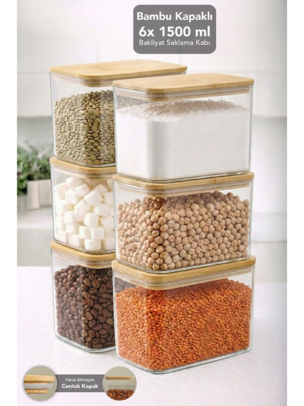 Bej 6'lı Bambu Kapak Aura Dikdörtgen Erzak Saklama Kabı 1,5 l