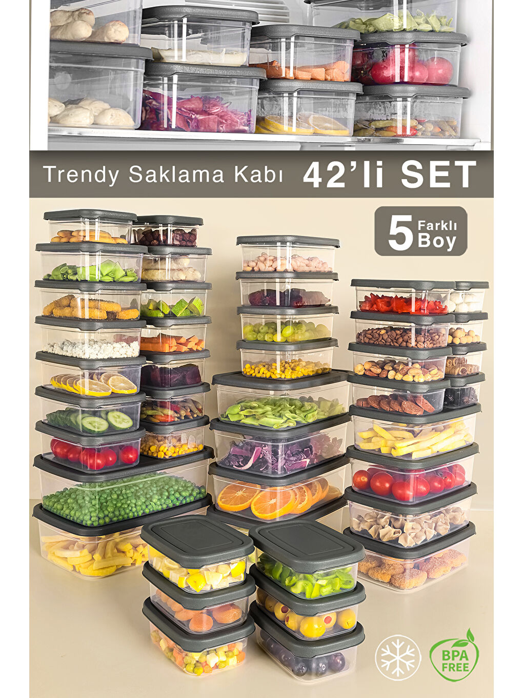 Gri 42'li Dikdörtgen Erzak Saklama Kabı