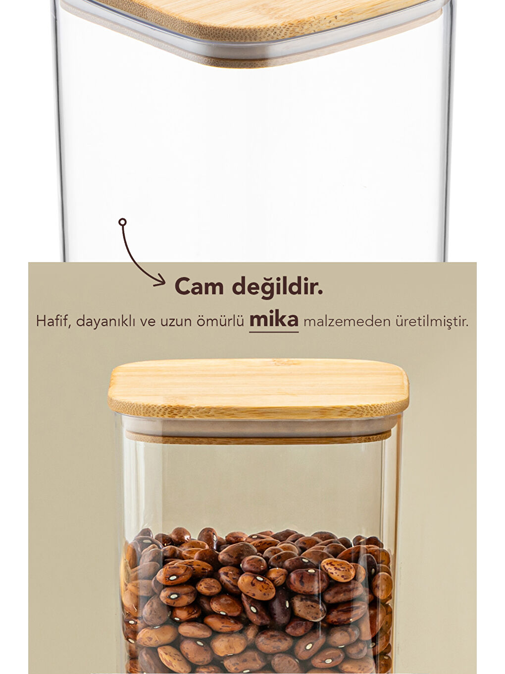 Bej Bambu Kapak Aura Kapaklı Kare Erzak Saklama Kabı 2100 ml-3