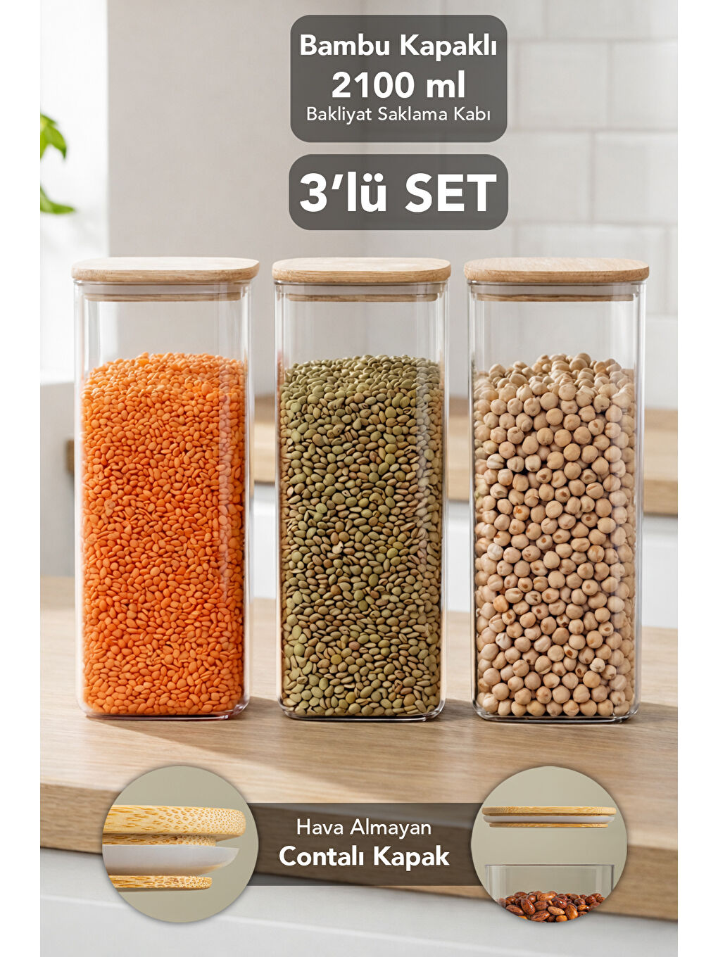 Bej 3'lü Bambu Kapak Aura Kapaklı Kare Erzak Saklama Kabı 2100 ml