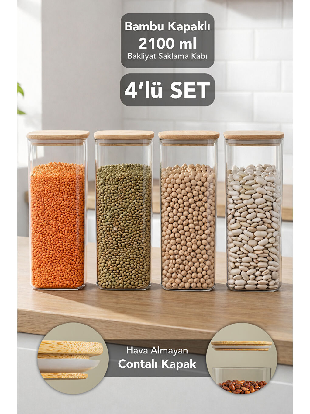Bej 4'lü Bambu Kapak Aura Kapaklı Kare Erzak Saklama Kabı 2100 ml