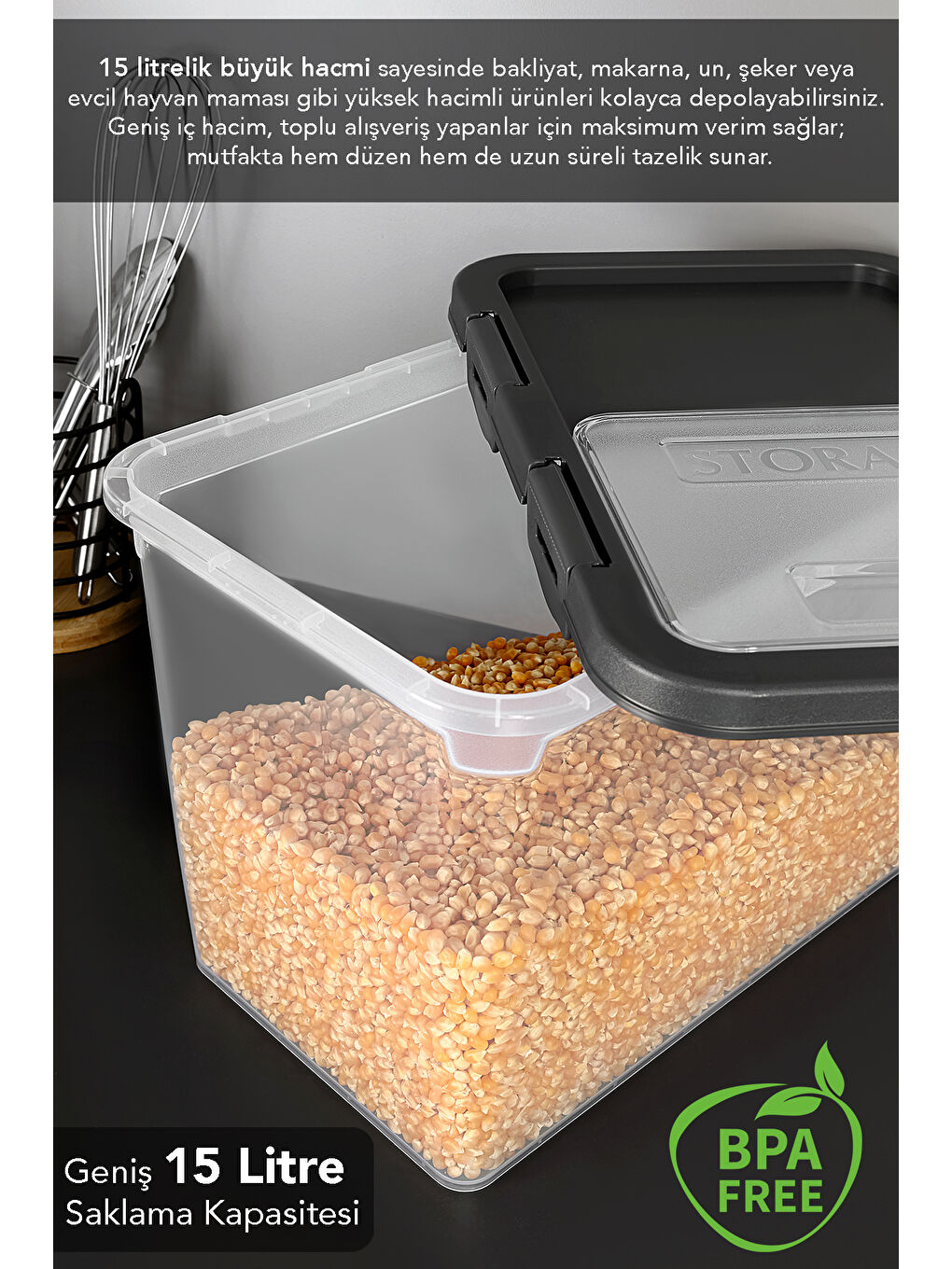 Gri 4'lü Kapaklı Erzak Saklama Kabı 15 l-2