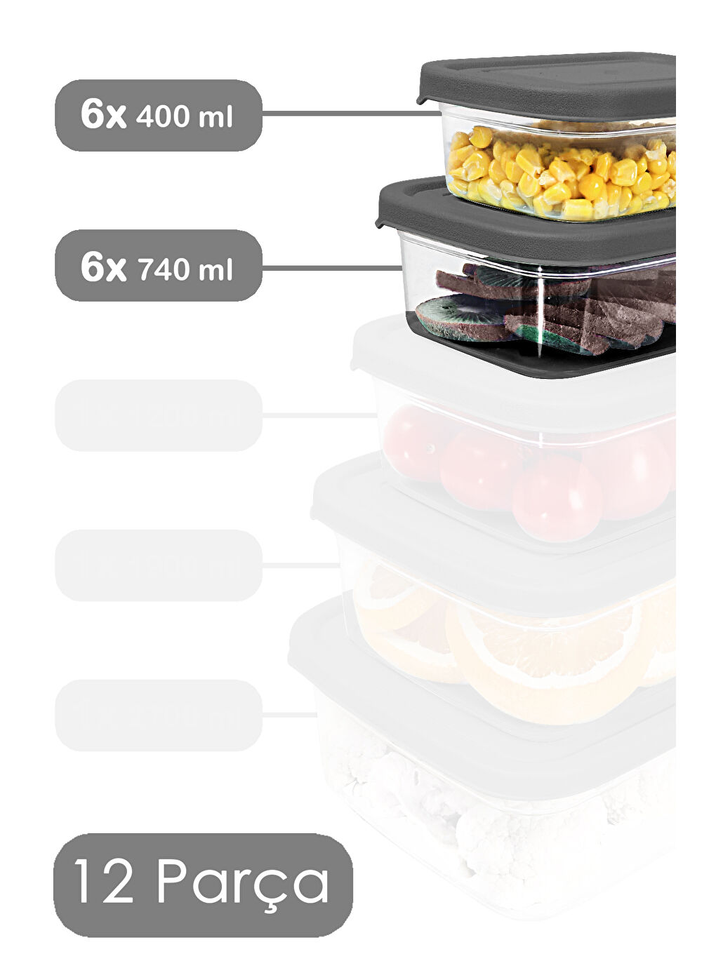 Gri 12'li Dikdörtgen Erzak Saklama Kabı-1