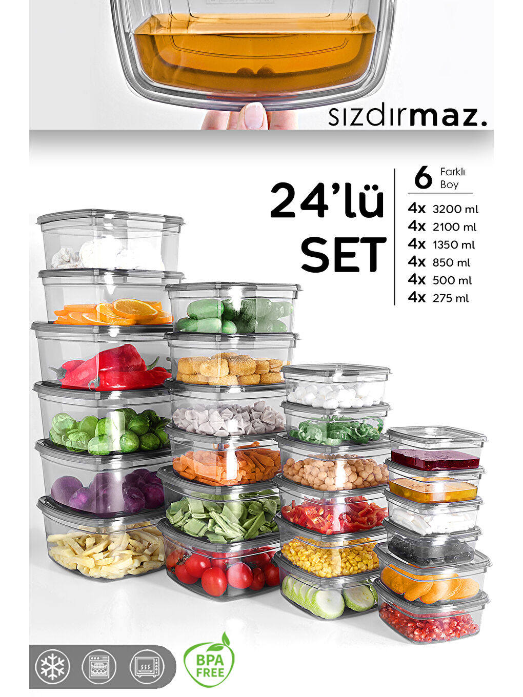 Antrasit 24'lü Kare Erzak Saklama Kabı Seti