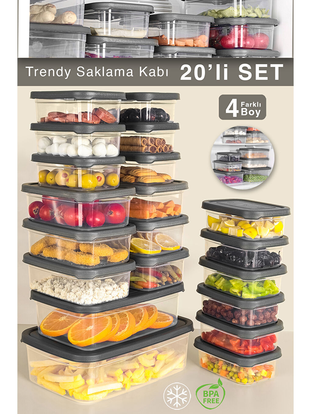 Gri 20'li Dikdörtgen Erzak Saklama Kabı