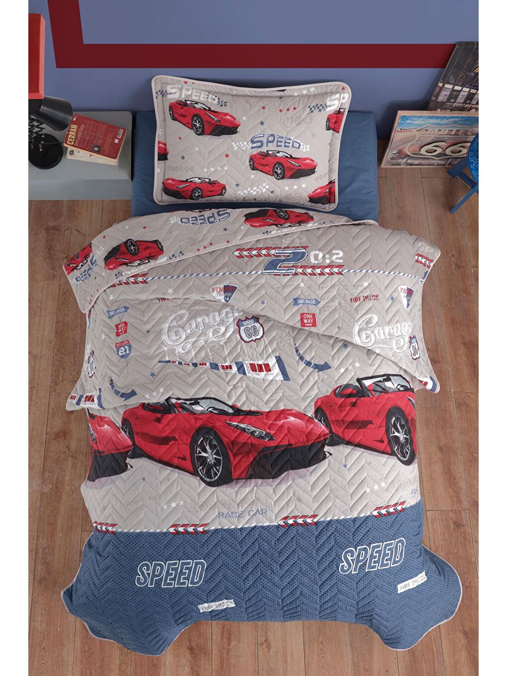 %100 Pamuk Tek Kişilik Yatak Örtüsü Seti Speed Kırmızı-1