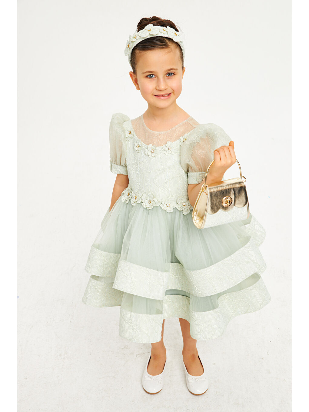 Yeşil Fırfırlı Kabarık Kat Kat Kız Çocuk Abiye Elbise Tüllü Kolsuz-1