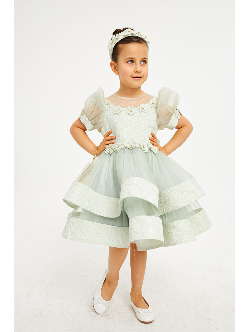 Yeşil Fırfırlı Kabarık Kat Kat Kız Çocuk Abiye Elbise Tüllü Kolsuz-2