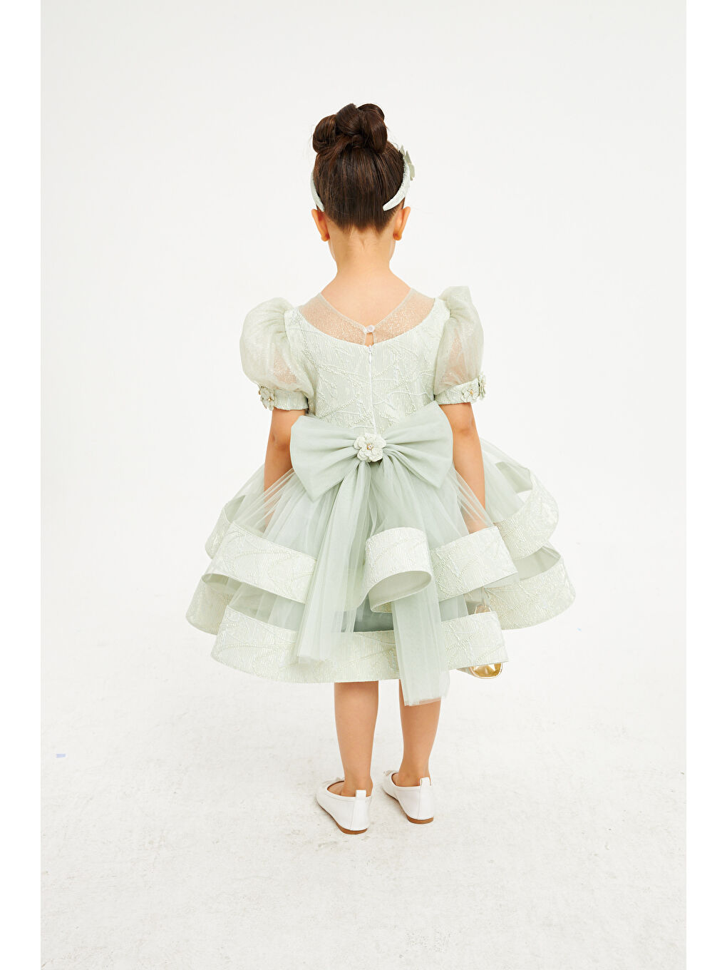 Yeşil Fırfırlı Kabarık Kat Kat Kız Çocuk Abiye Elbise Tüllü Kolsuz-3