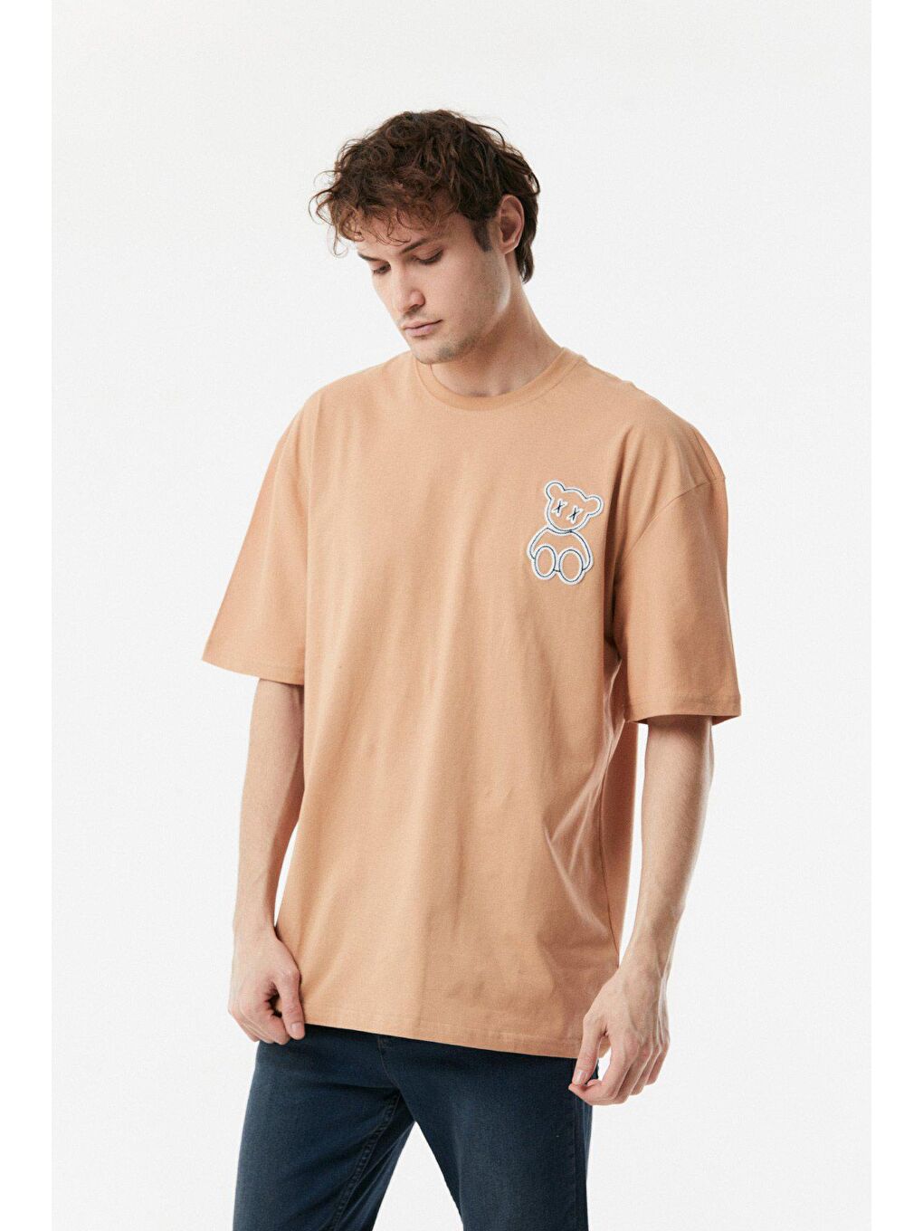 Sarı Baskılı Bisiklet Yaka Oversize Tişört