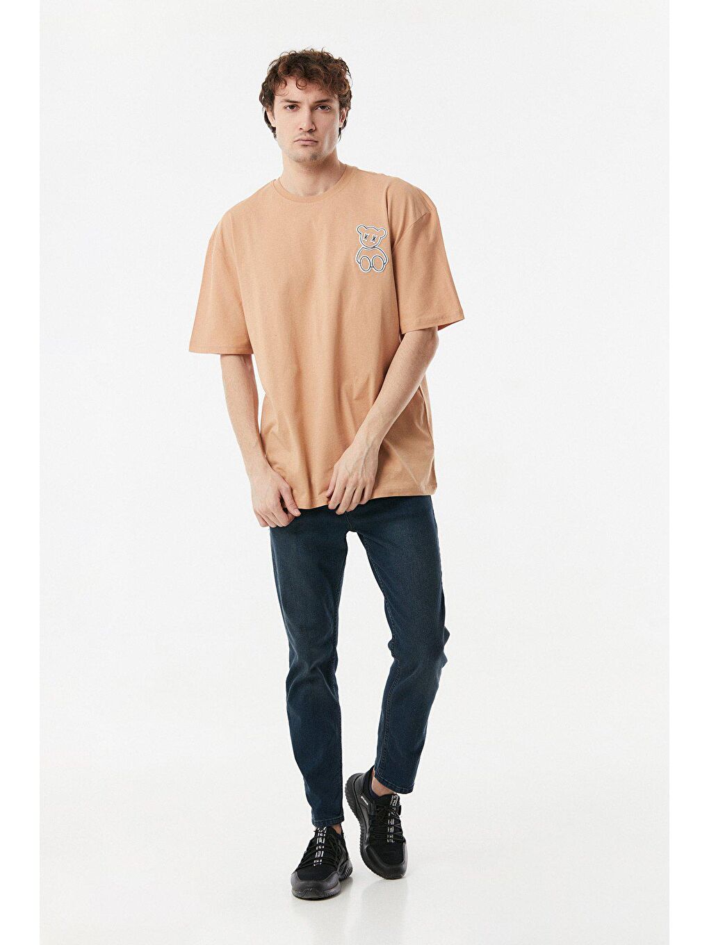 Sarı Baskılı Bisiklet Yaka Oversize Tişört-1