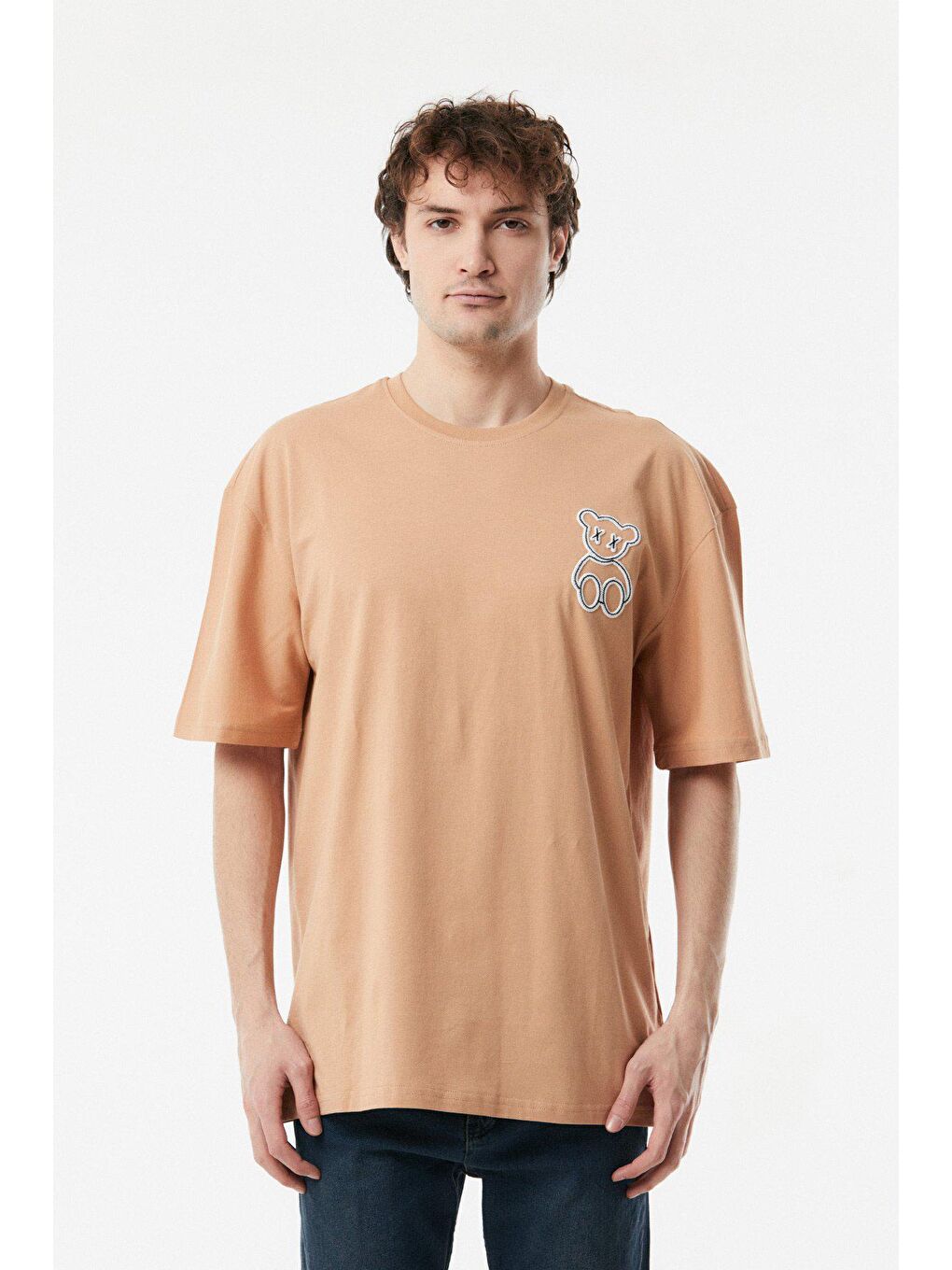 Sarı Baskılı Bisiklet Yaka Oversize Tişört-4