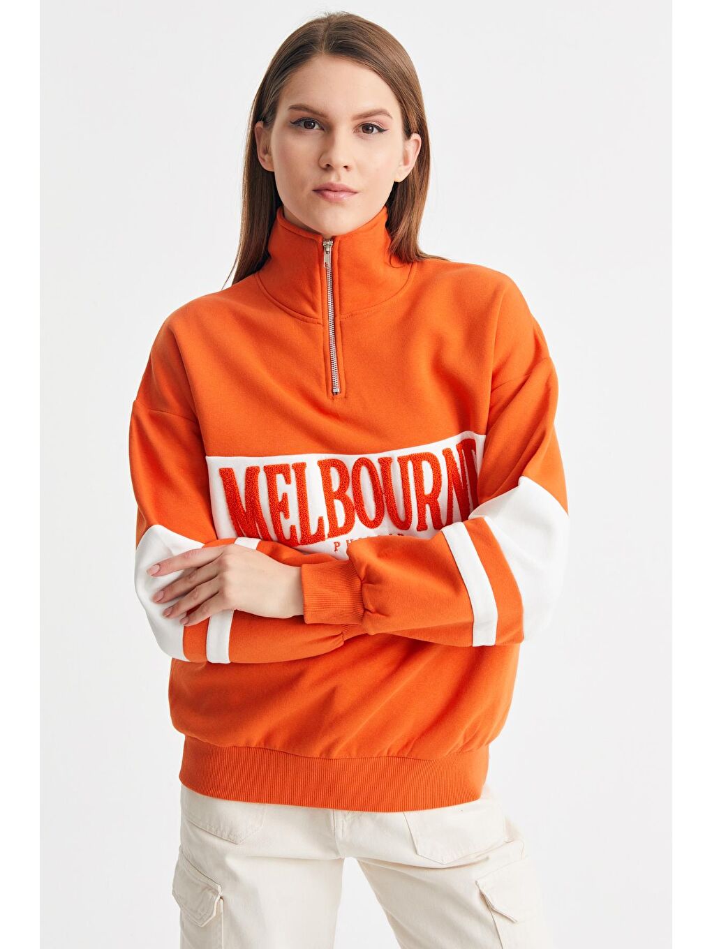 Turuncu Kadın Oranj Melbourne Aplike Dik Yaka Yarım Fermuar Sweat-2