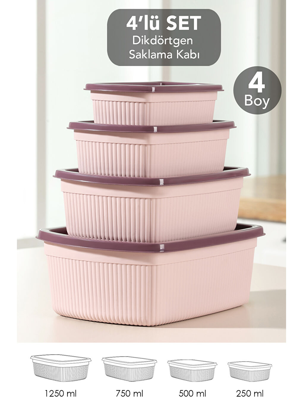 Pembe 4'lü Çizgili Dikdörtgen Gıda Saklama Kabı Seti