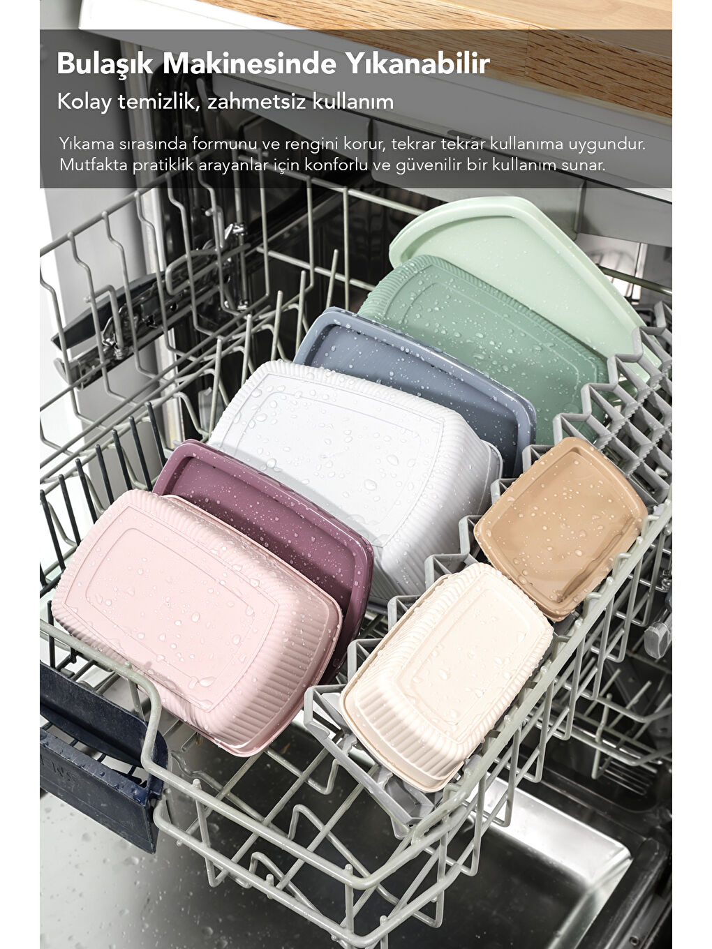 Pembe 4'lü Çizgili Dikdörtgen Gıda Saklama Kabı Seti-4