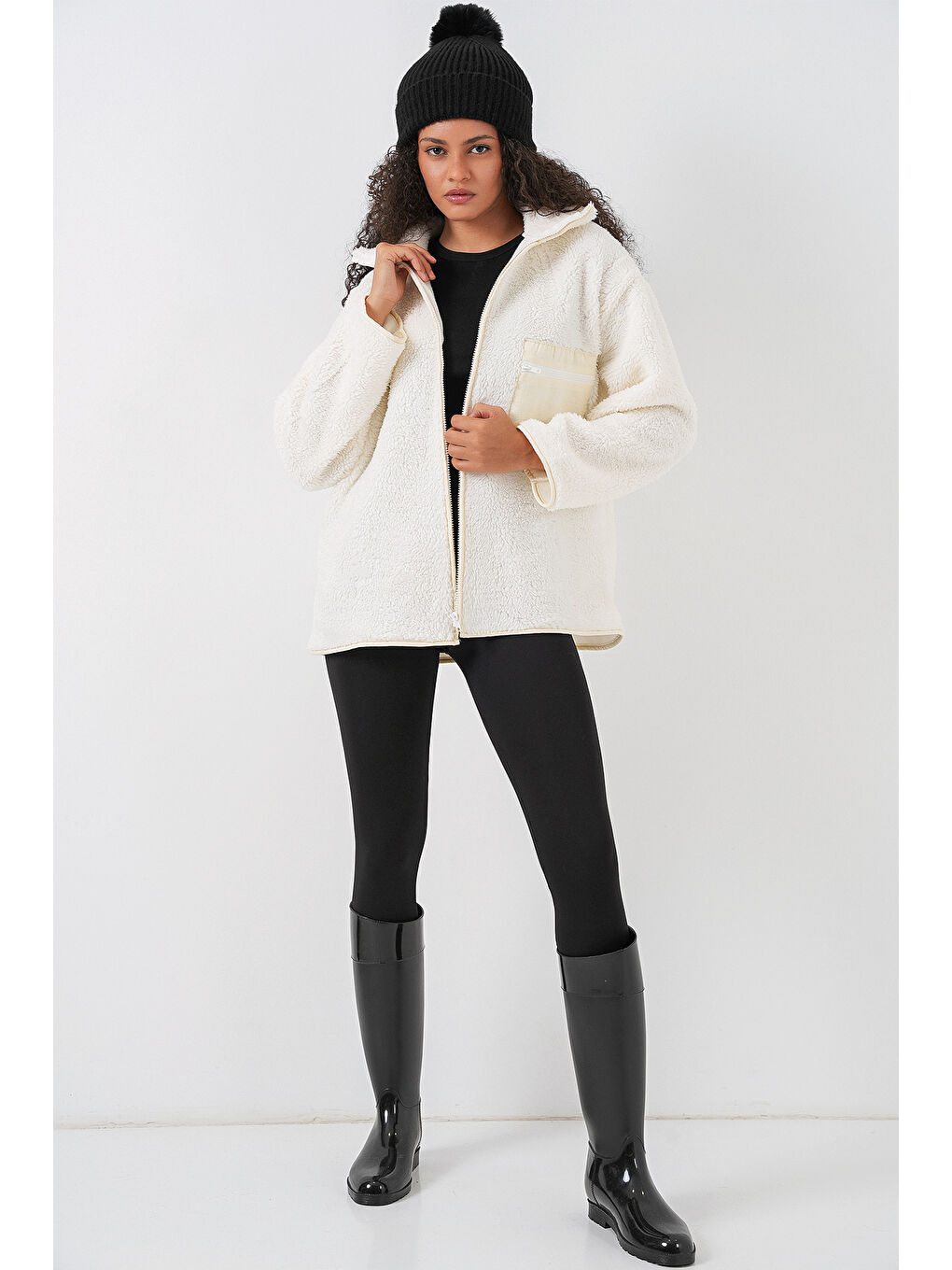 55446 Fermuarlı Oversize Pelüş Ceket   Bej-1