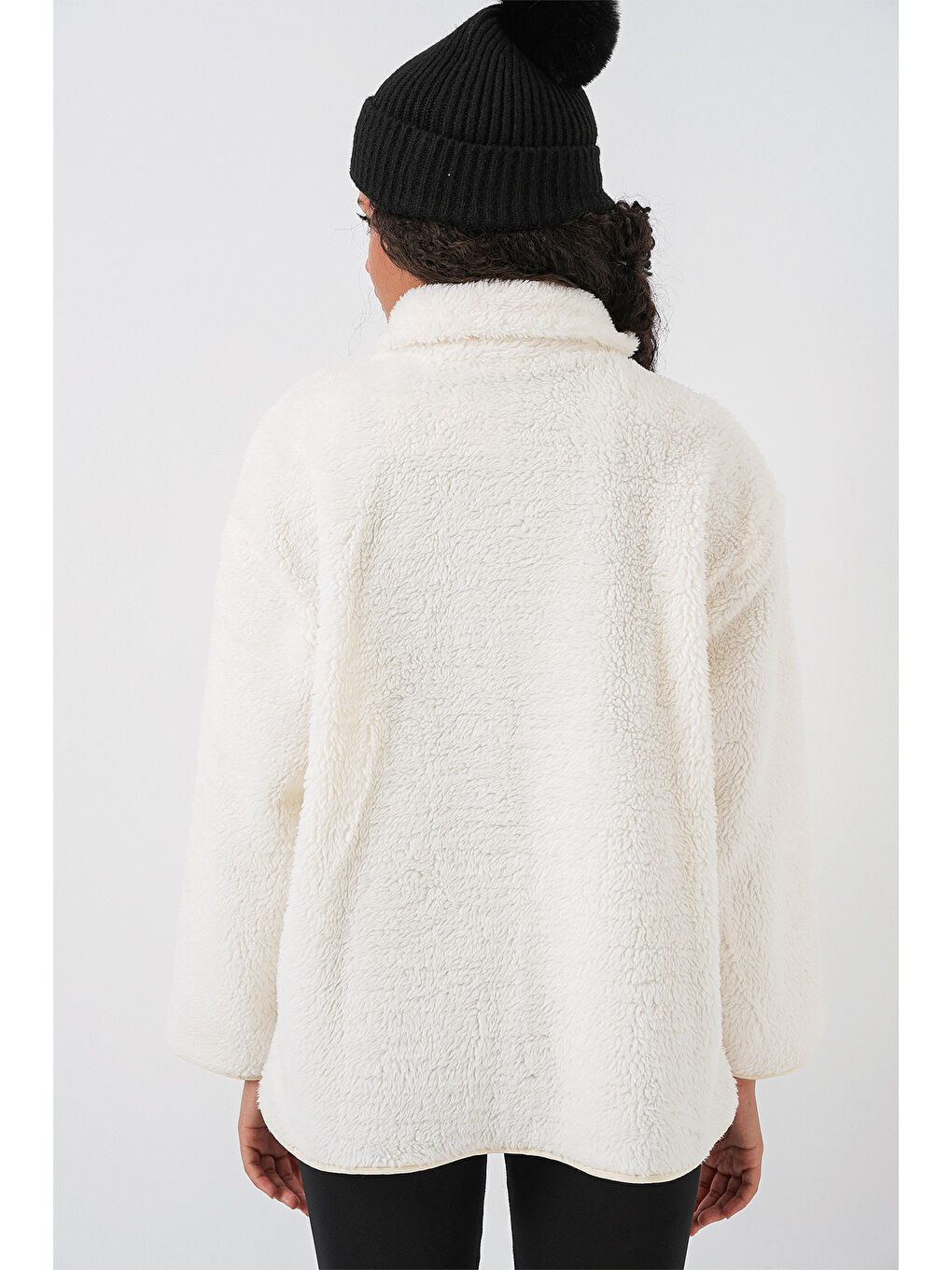 55446 Fermuarlı Oversize Pelüş Ceket   Bej-5