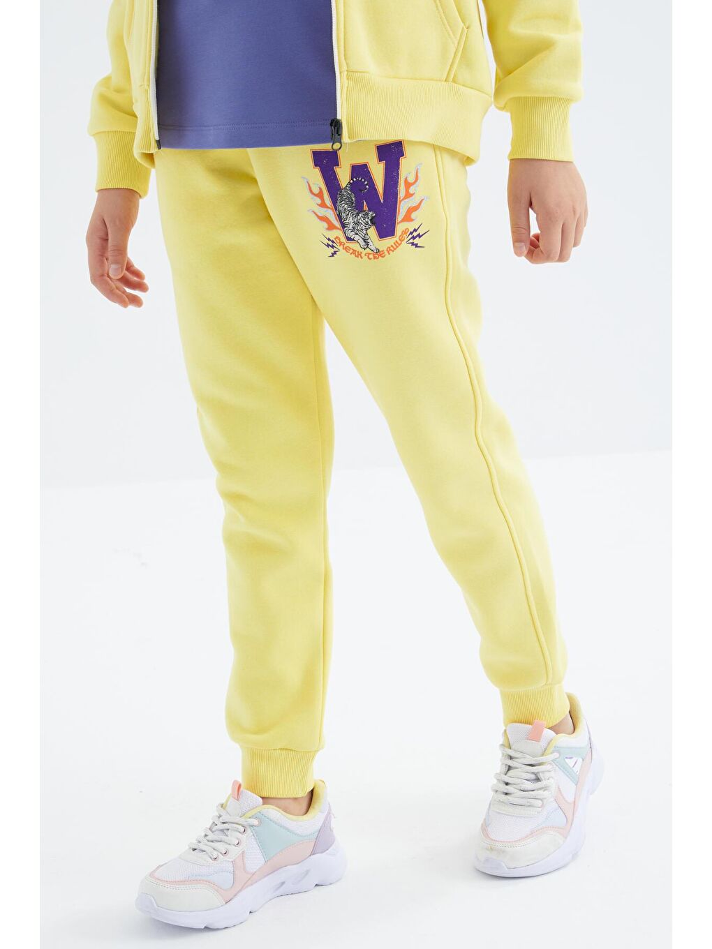 Sarı Limon Sırt Desen Detaylı Kapüşonlu Oversize Kız Çocuk Eşofman Takım - 75100-1