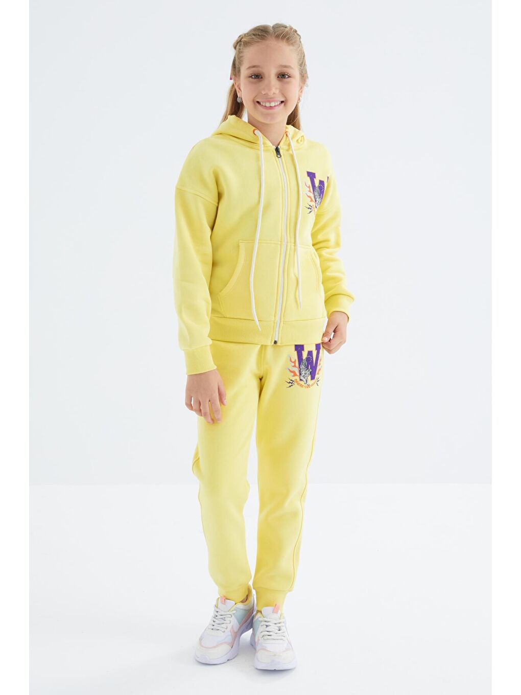 Sarı Limon Sırt Desen Detaylı Kapüşonlu Oversize Kız Çocuk Eşofman Takım - 75100-2