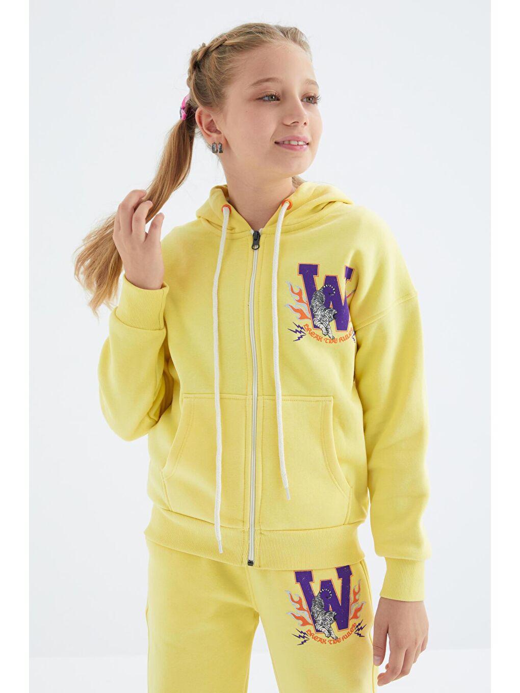 Sarı Limon Sırt Desen Detaylı Kapüşonlu Oversize Kız Çocuk Eşofman Takım - 75100-3