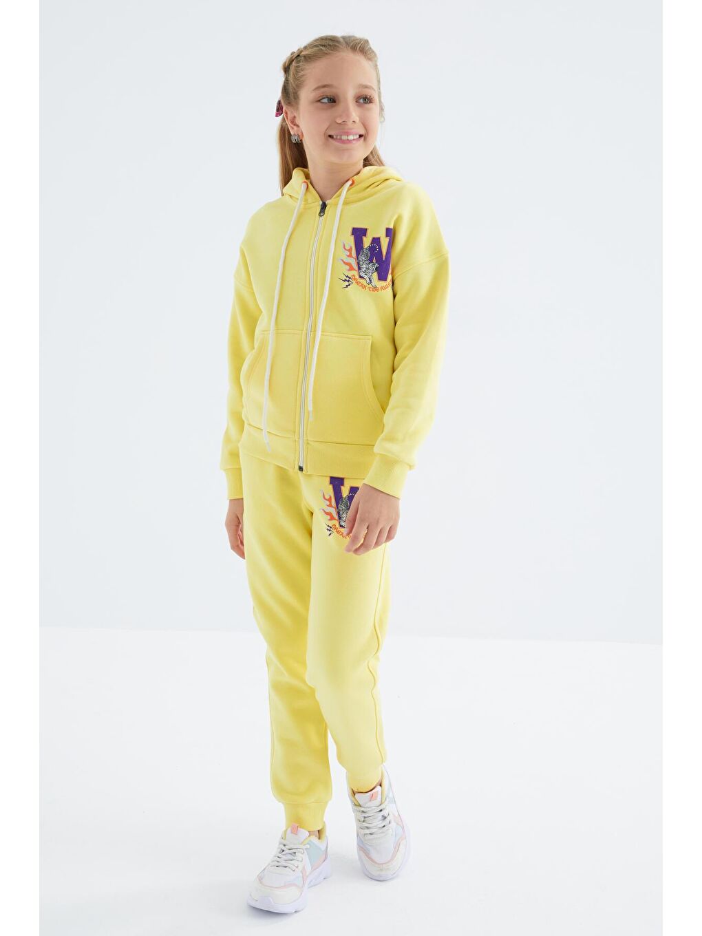 Sarı Limon Sırt Desen Detaylı Kapüşonlu Oversize Kız Çocuk Eşofman Takım - 75100-4